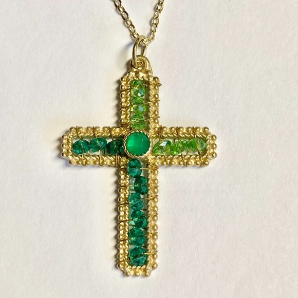 Vintage Gold Bead Cross Pendant Necklace Green Hand Beaded Plated 18" Christian - Picture 7 of 10